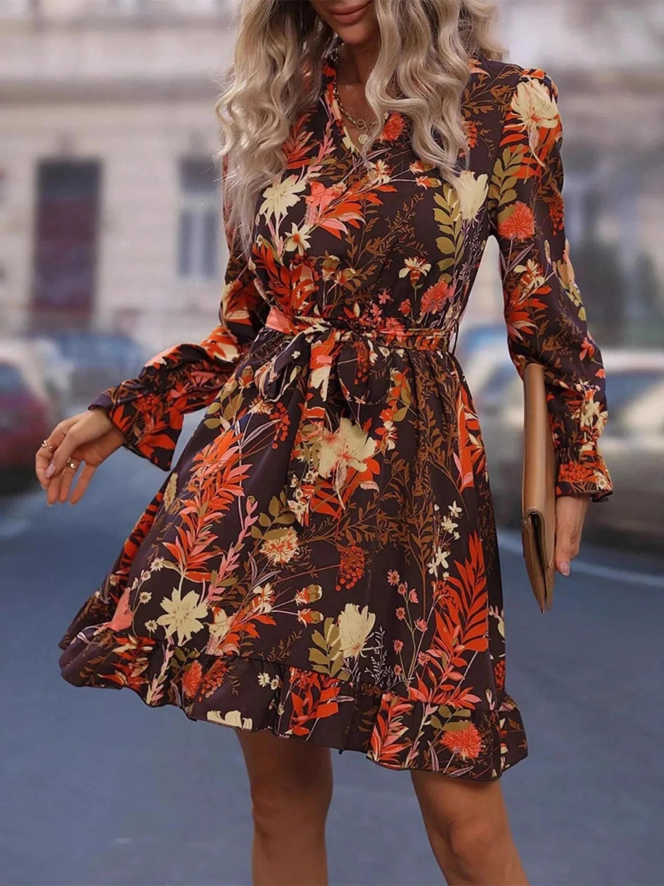 Floral Print Flounce Sleeve Dress