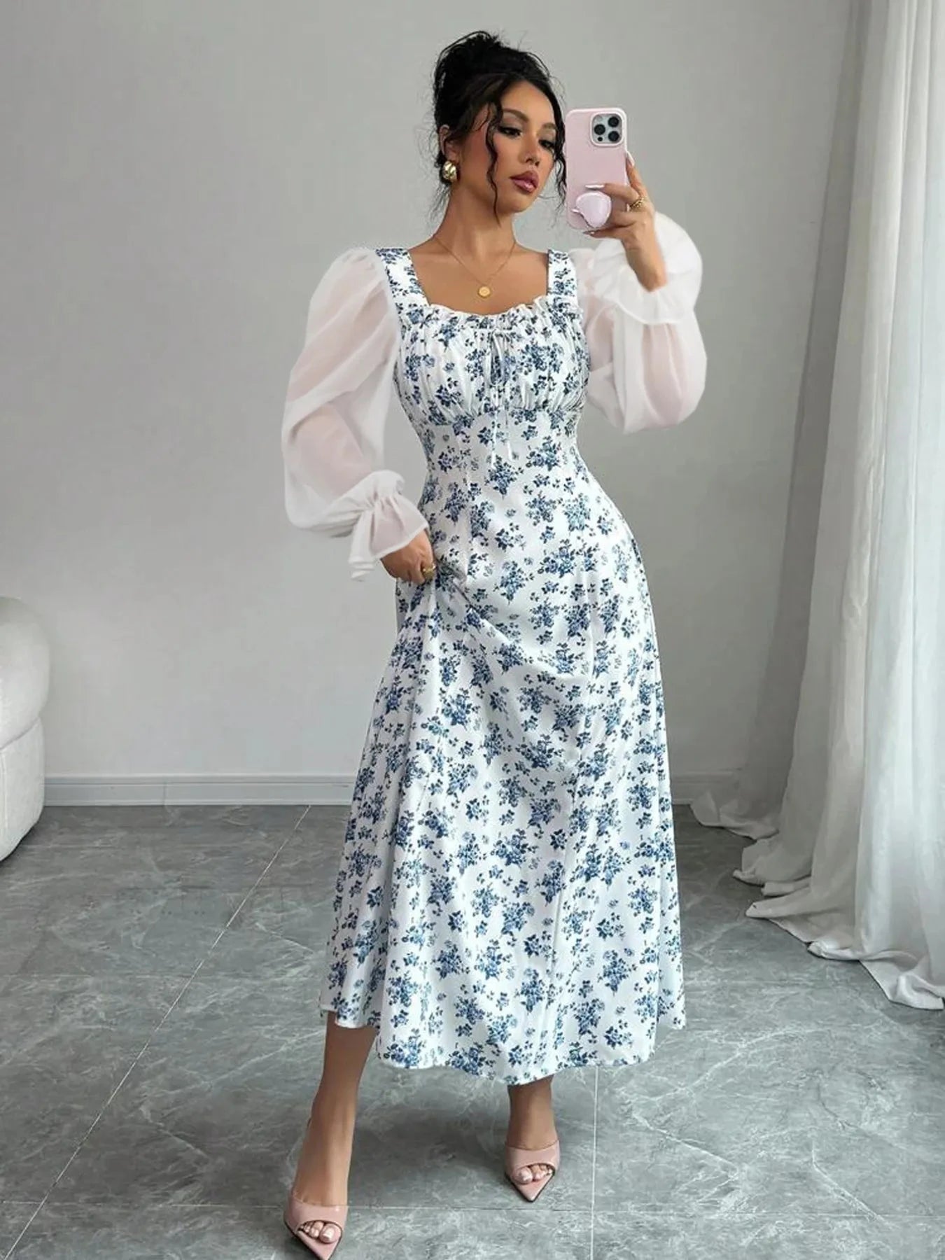 Floral Print Flounce Sleeve Maxi Dress