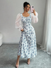 Floral Print Flounce Sleeve Maxi Dress