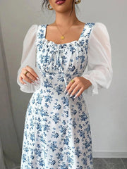 Floral Print Flounce Sleeve Maxi Dress