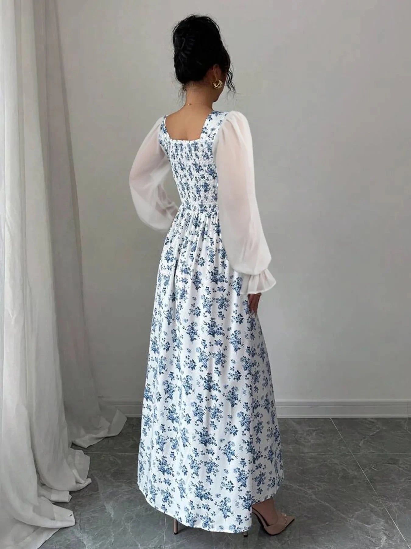 Floral Print Flounce Sleeve Maxi Dress