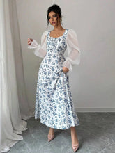 Floral Print Flounce Sleeve Maxi Dress Sky Blue / S