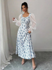 Floral Print Flounce Sleeve Maxi Dress Sky Blue / S