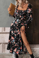 Floral Print Flounce Sleeve Midi Dress