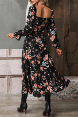 Floral Print Flounce Sleeve Midi Dress