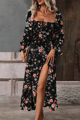 Floral Print Flounce Sleeve Midi Dress Black / S