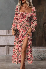 Floral Print Flounce Sleeve Midi Dress Dusty Pink / S