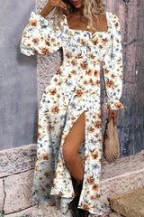 Floral Print Flounce Sleeve Midi Dress White / S