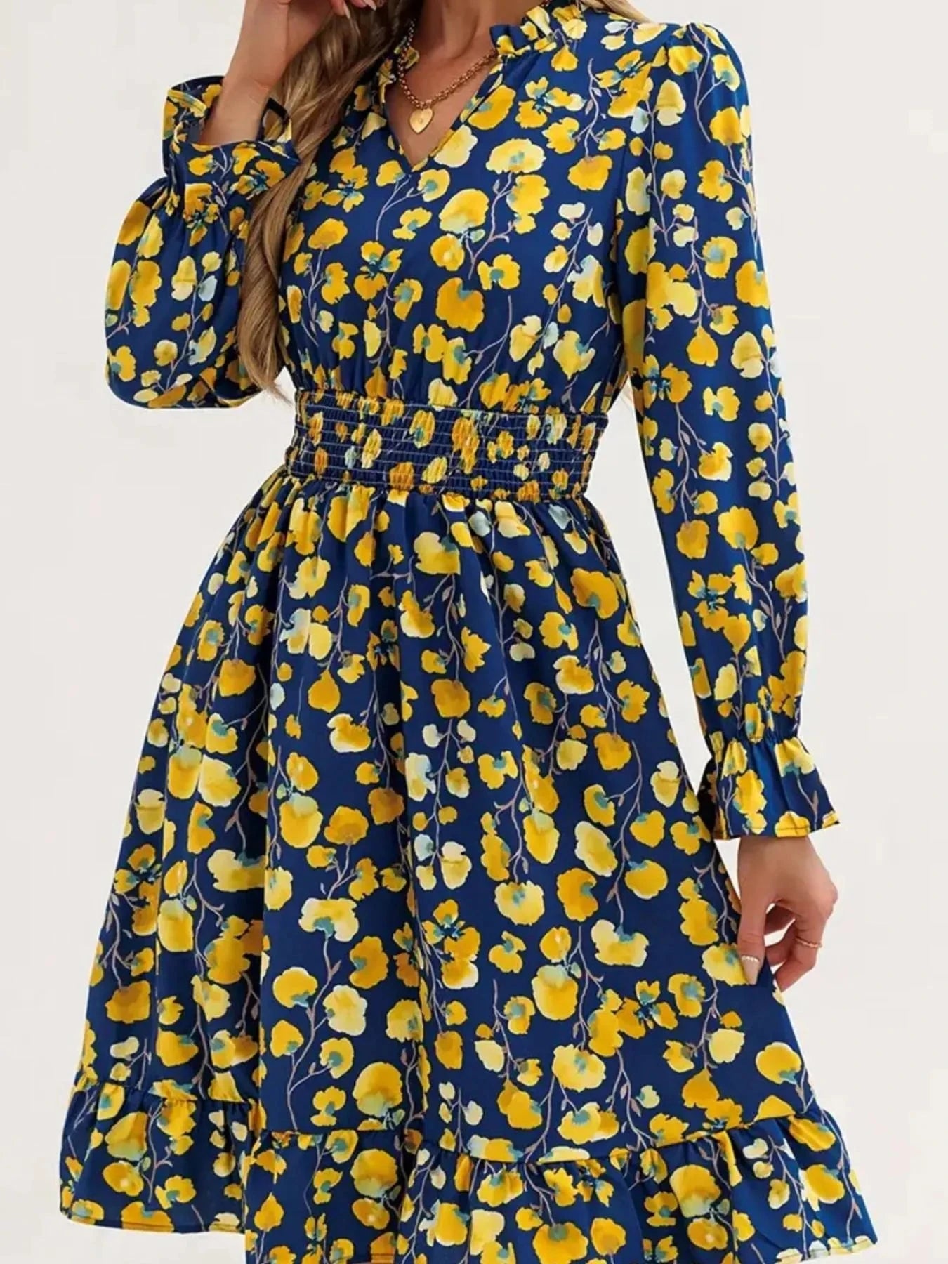Floral Print Flounce Sleeve Ruffle Hem Dress