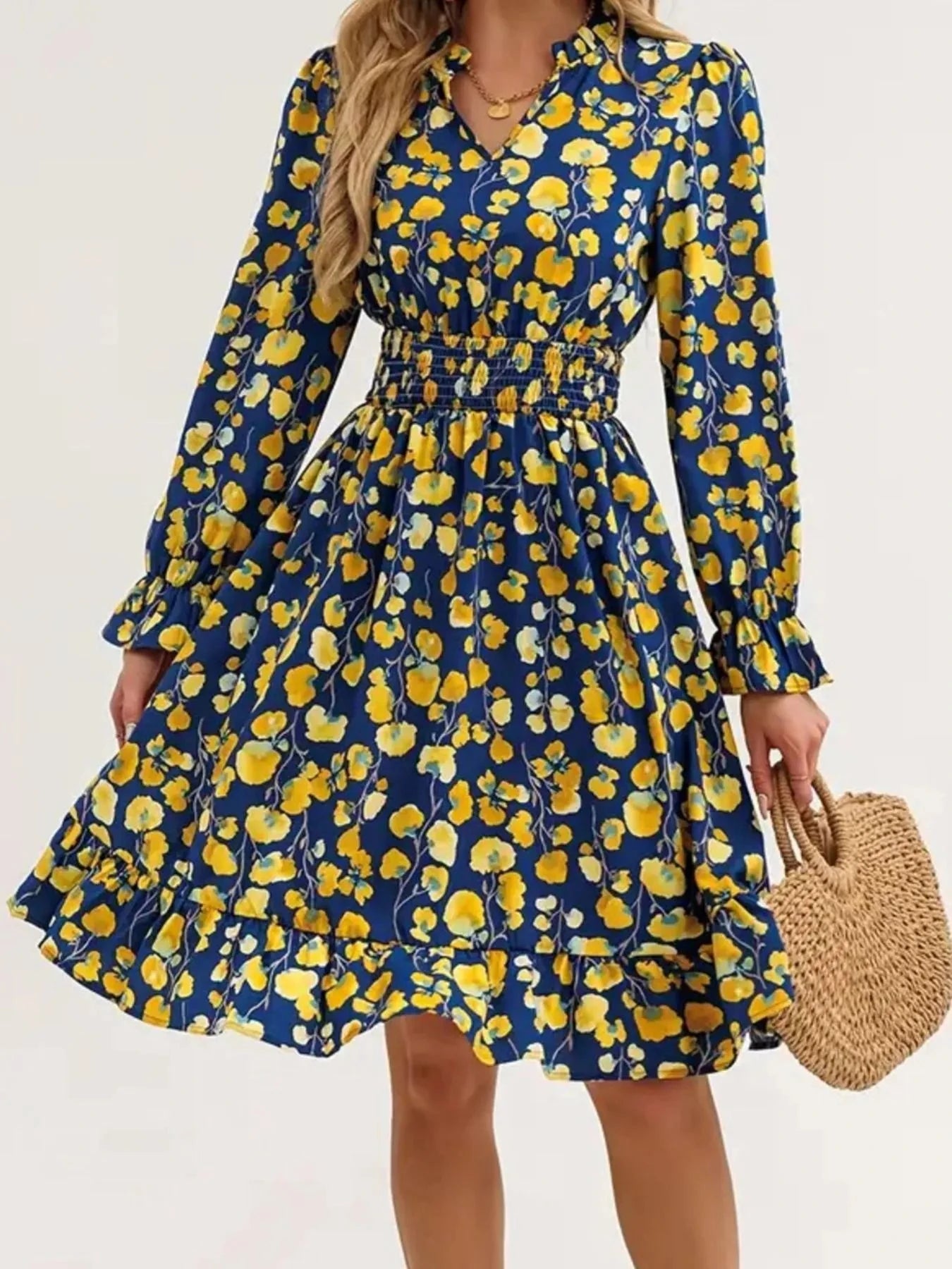 Floral Print Flounce Sleeve Ruffle Hem Dress
