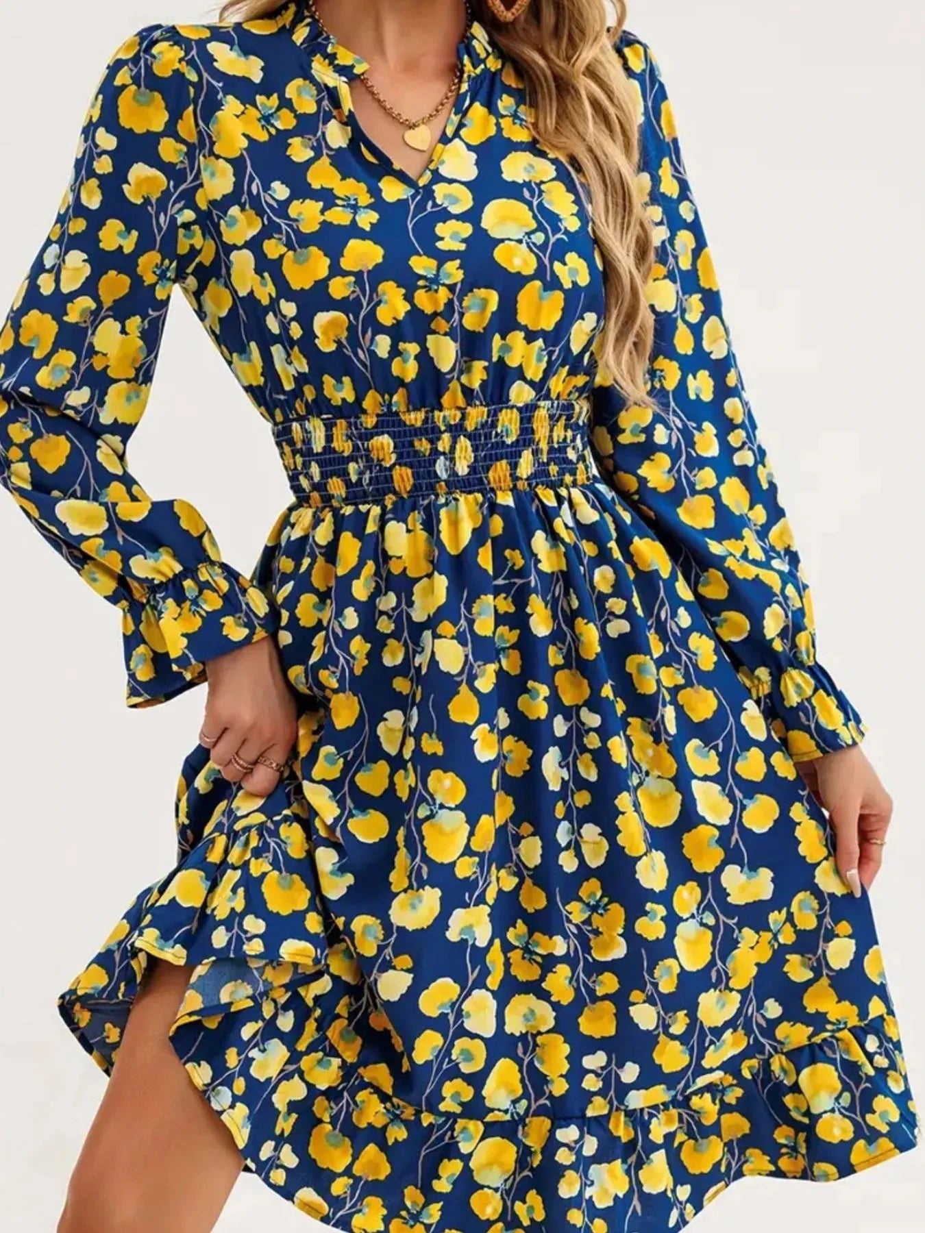 Floral Print Flounce Sleeve Ruffle Hem Dress
