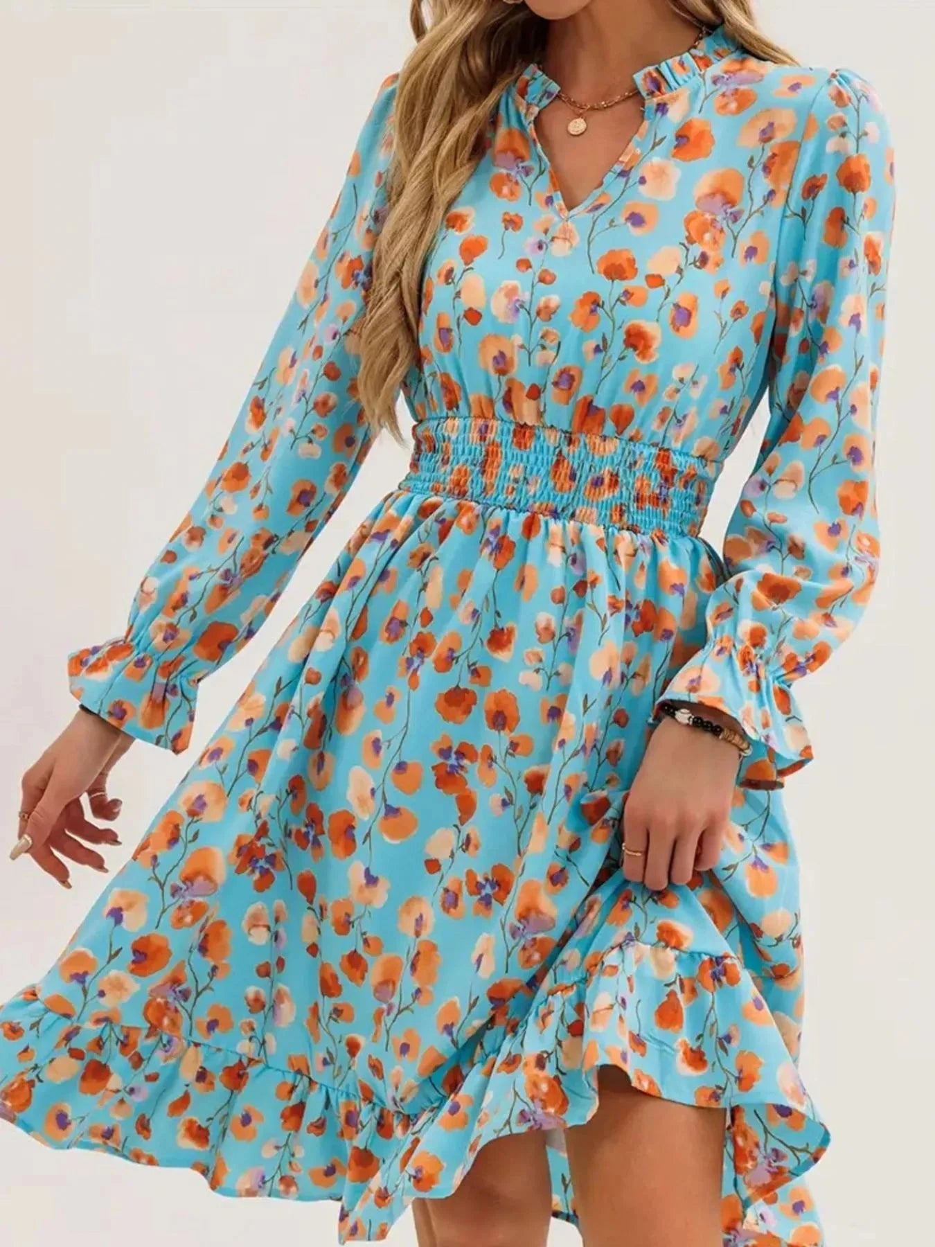 Floral Print Flounce Sleeve Ruffle Hem Dress