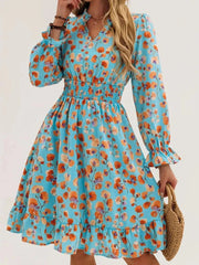 Floral Print Flounce Sleeve Ruffle Hem Dress Peacock Blue / S