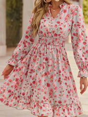 Floral Print Flounce Sleeve Ruffle Hem Dress Pink Flower / S