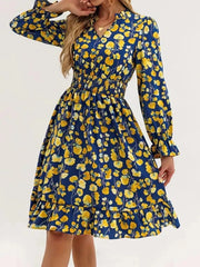 Floral Print Flounce Sleeve Ruffle Hem Dress Yellow Flower / S