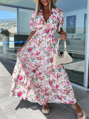 Floral Print Flutter Sleeve Maxi Dress