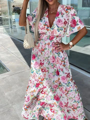 Floral Print Flutter Sleeve Maxi Dress White / S