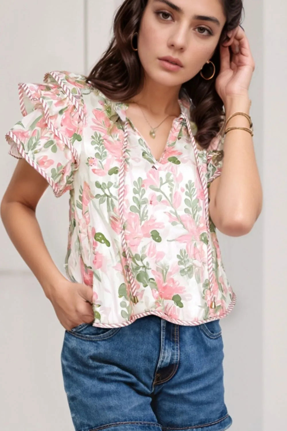 Floral Print Flutter Sleeve Tie Neck Blouse