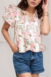 Floral Print Flutter Sleeve Tie Neck Blouse Blush Pink / S