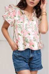 Floral Print Flutter Sleeve Tie Neck Blouse Blush Pink / S