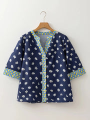 Floral Print Half Sleeve Contrast Trim Blouse