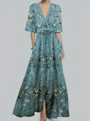 Floral Print Half Sleeve Maxi Dress Air Force Blue / S