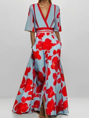 Floral Print Half Sleeve Maxi Dress Deep Red / S