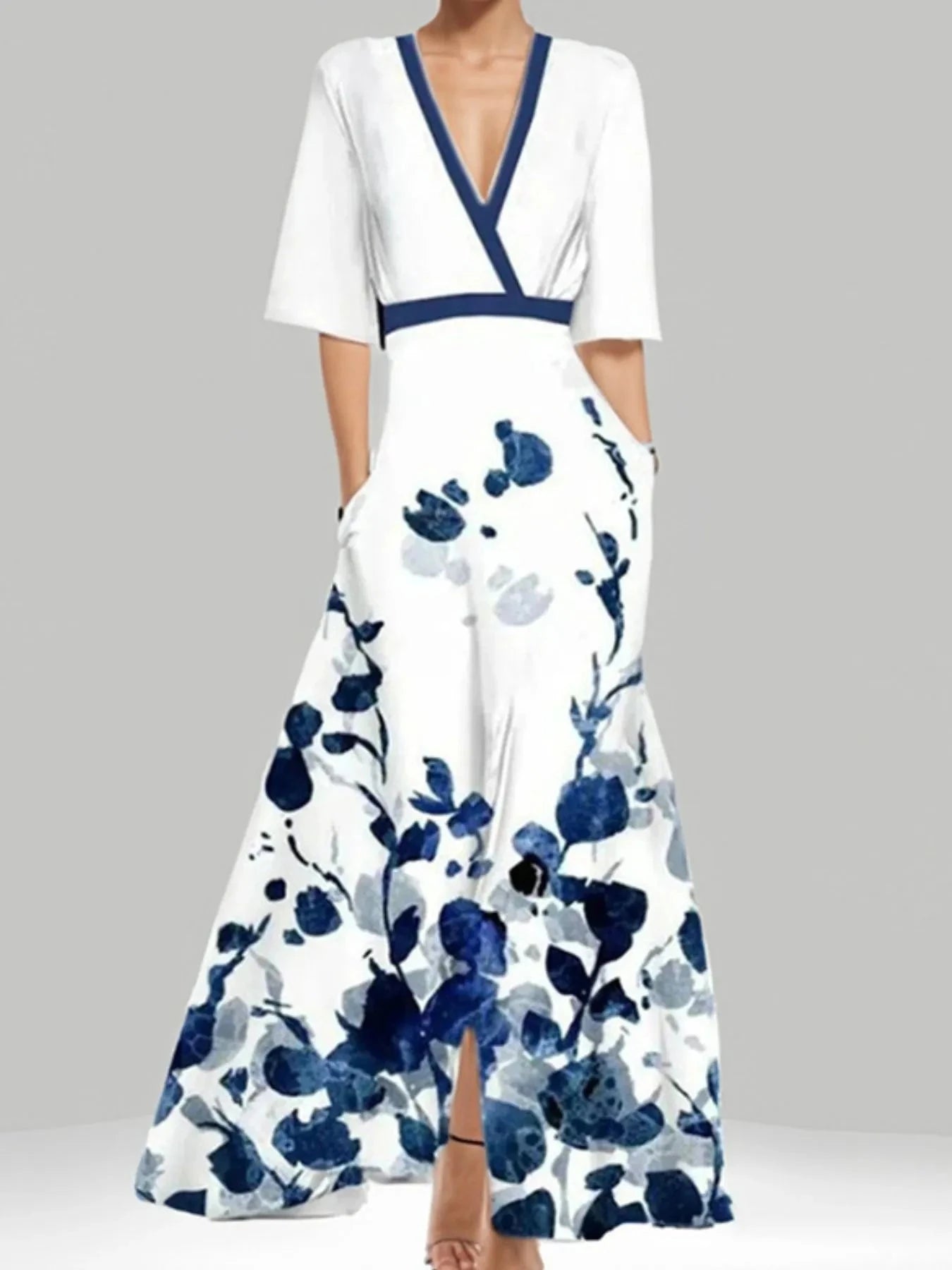 Floral Print Half Sleeve Maxi Dress White / S