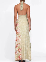 Floral Print Halter Neck Ruched Maxi Dress