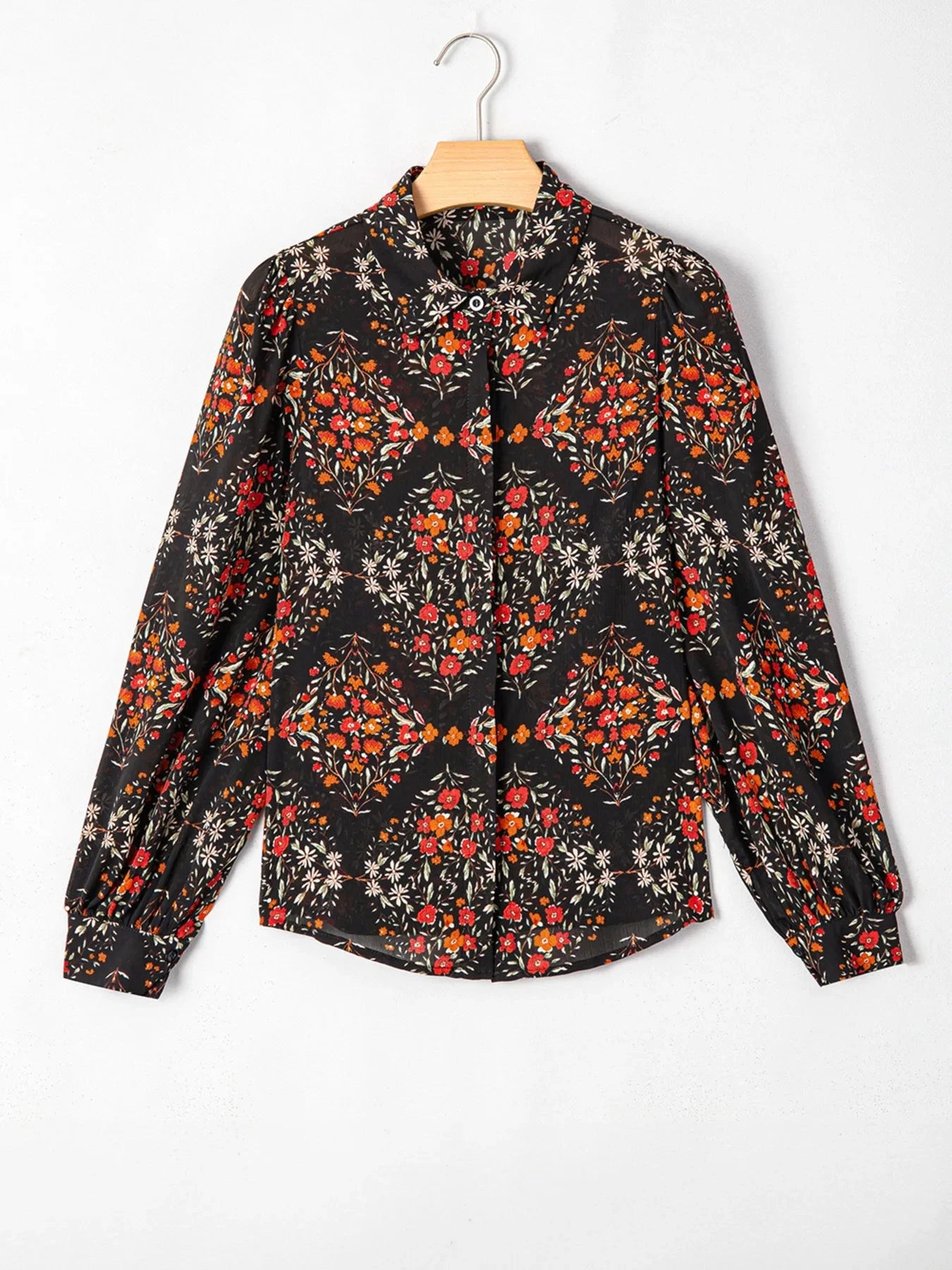 Floral Print Lantern Sleeve Loose Shirt