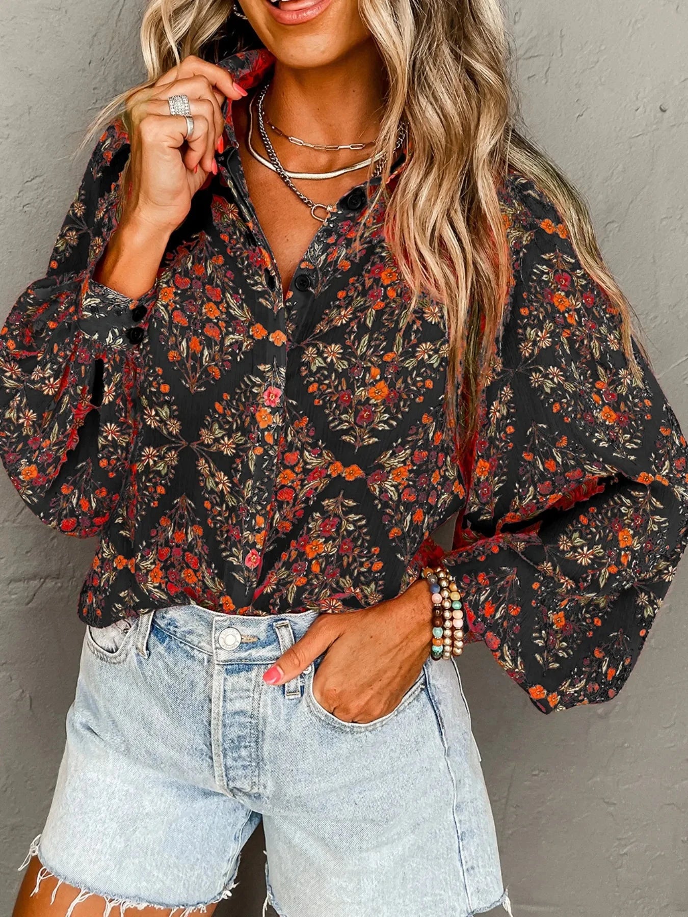 Floral Print Lantern Sleeve Loose Shirt Black / XS