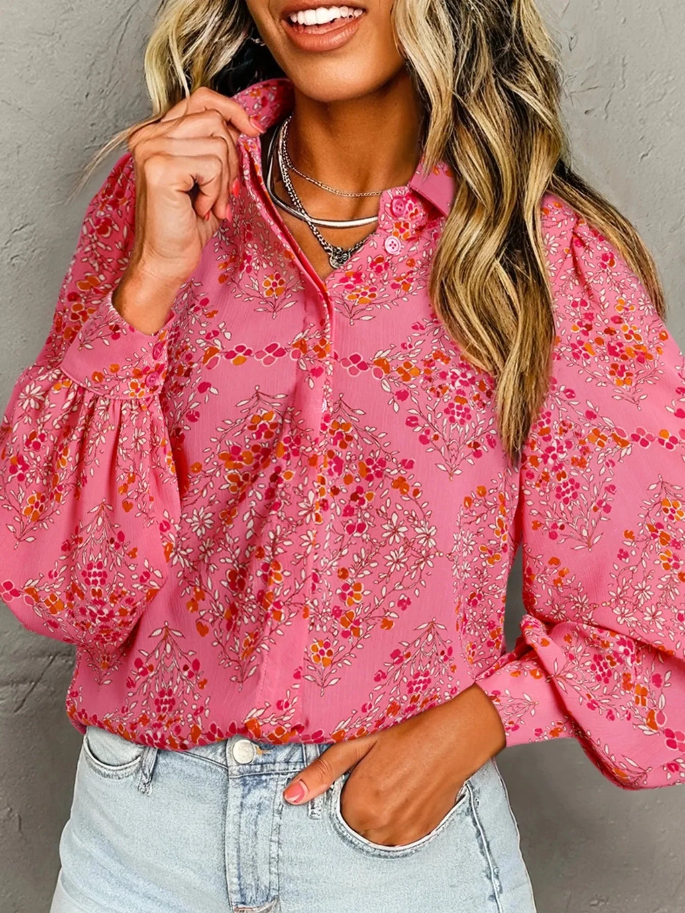 Floral Print Lantern Sleeve Loose Shirt Burnt Coral / XS
