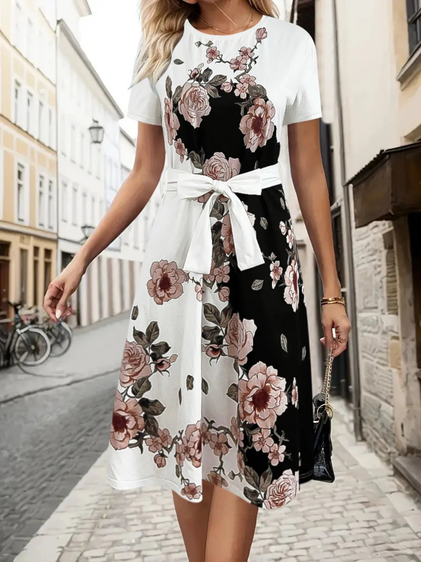 Floral Print Midi Dress with Short Sleeves