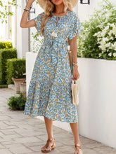 Floral Print Midi Dress with Tie Front Blue / S
