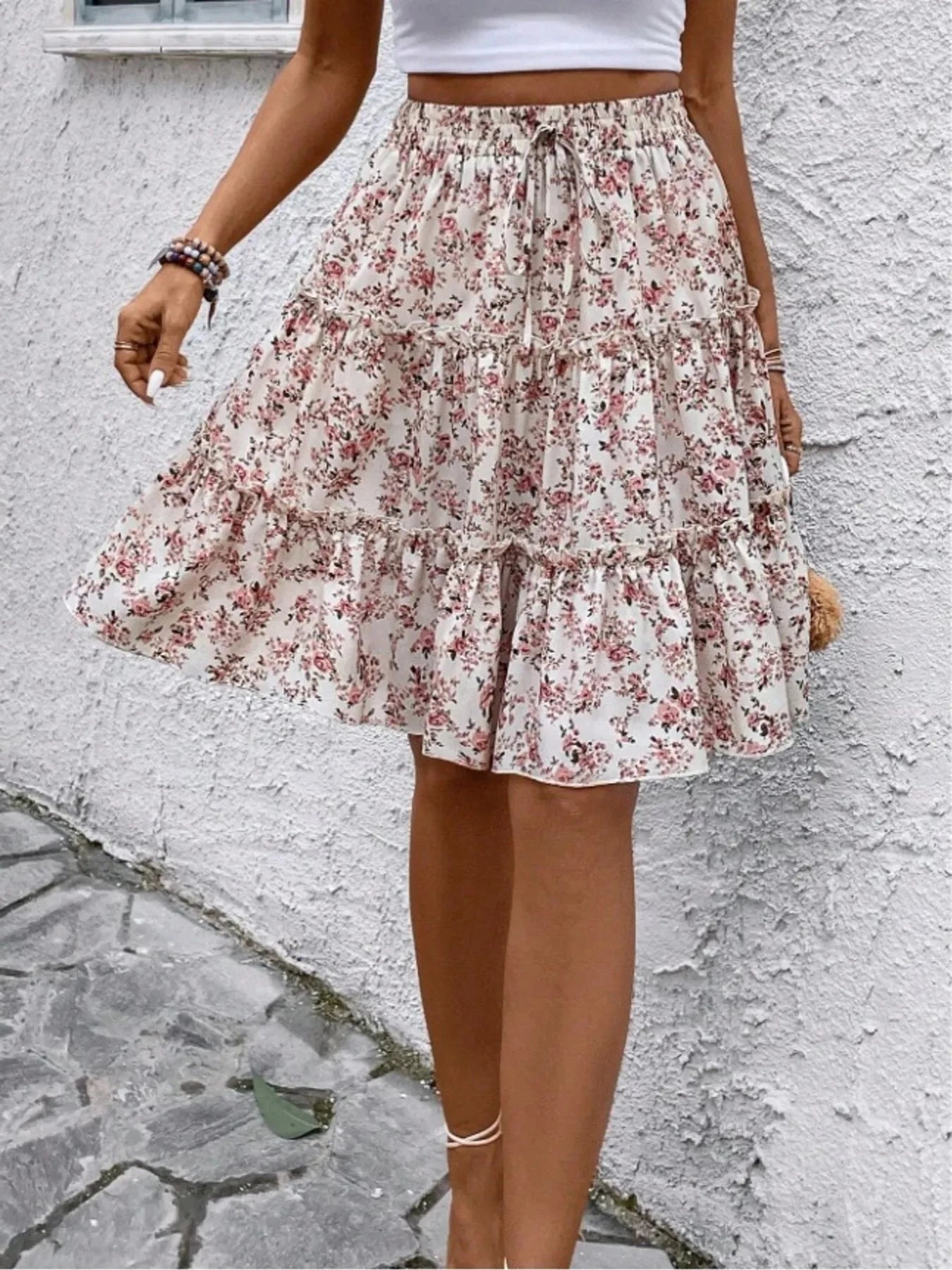 Floral Print Midi Skirt Apricot / S