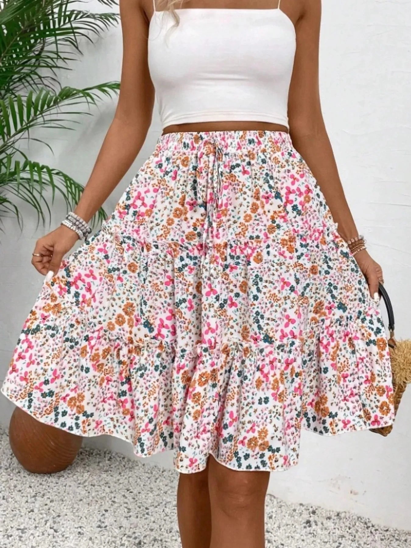 Floral Print Midi Skirt Pink / S
