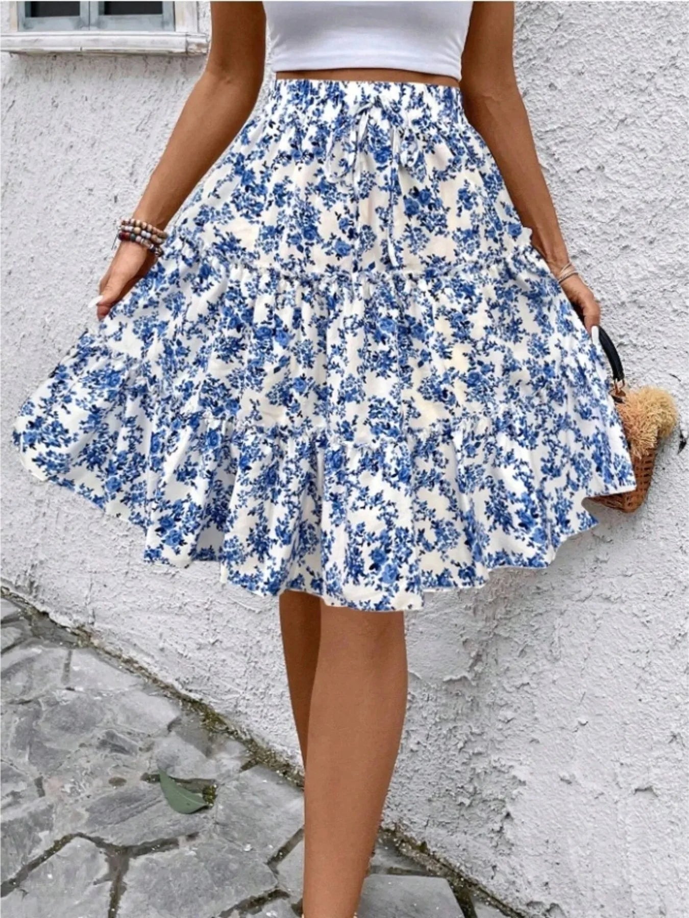 Floral Print Midi Skirt Sky Blue / S