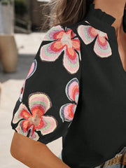 Floral Print Notched Puff Sleeve Blouse