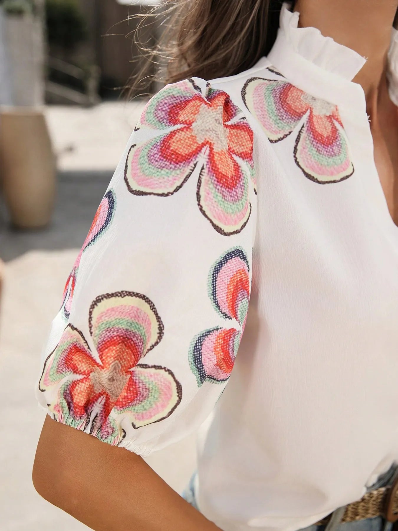 Floral Print Notched Puff Sleeve Blouse