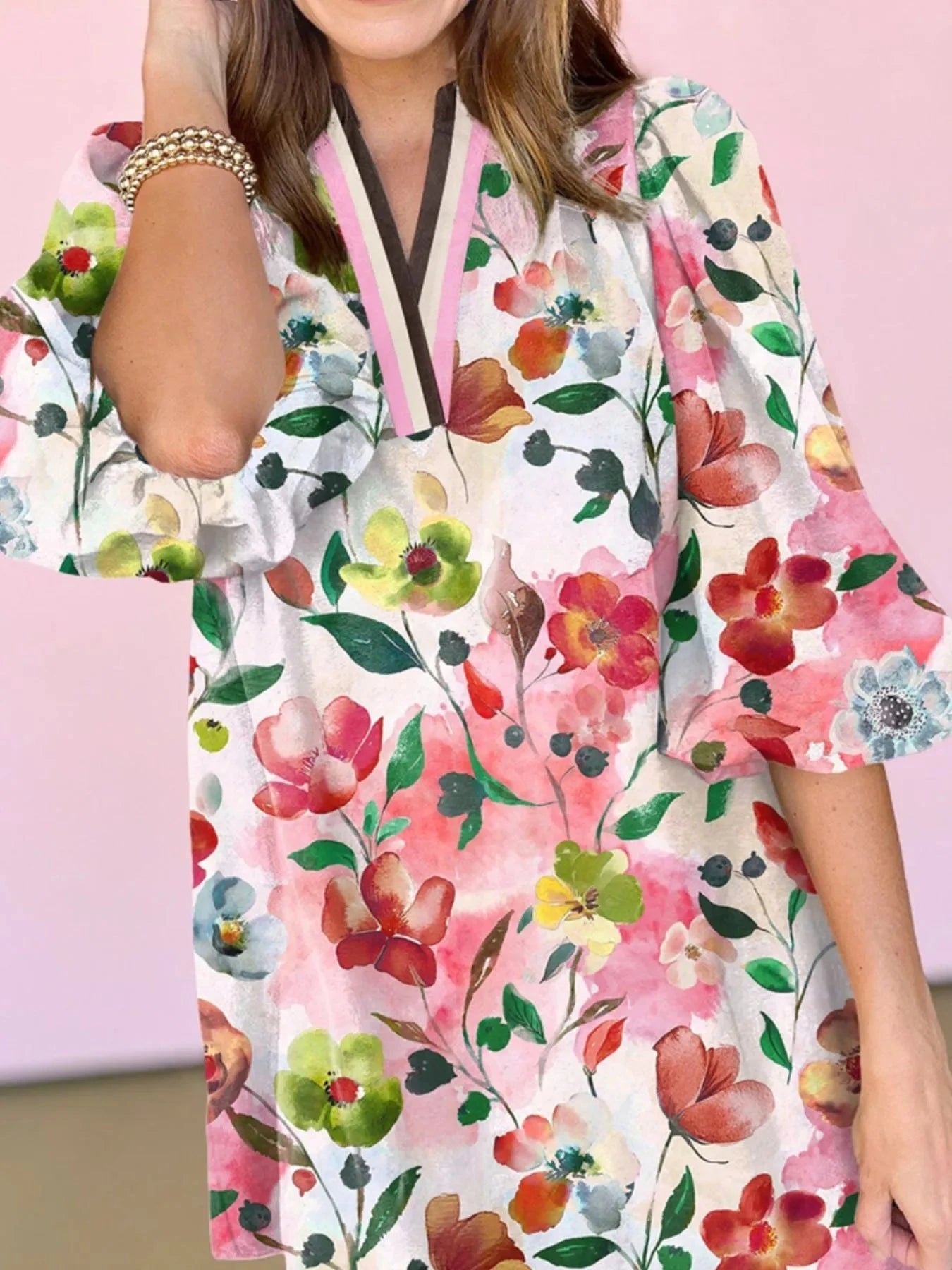 Floral Print Notched Tunic Dress