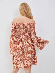 Floral Print Off-Shoulder Frill Trim Flounce Sleeve Dress