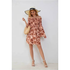 Floral Print Off-Shoulder Frill Trim Flounce Sleeve Dress