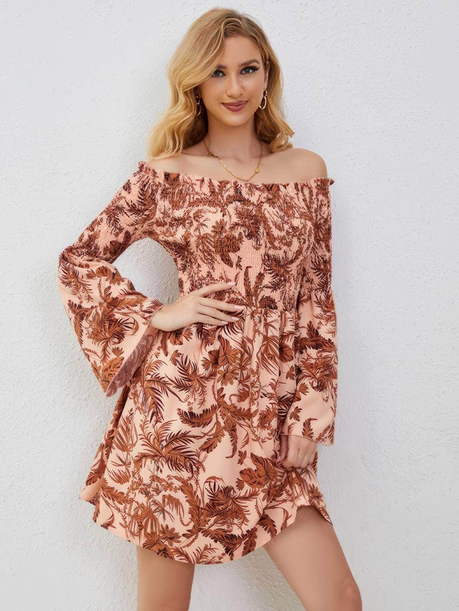 Floral Print Off-Shoulder Frill Trim Flounce Sleeve Dress S / IndianRed