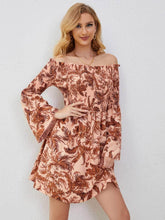Floral Print Off-Shoulder Frill Trim Flounce Sleeve Dress S / IndianRed