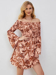 Floral Print Off-Shoulder Frill Trim Flounce Sleeve Dress S / IndianRed