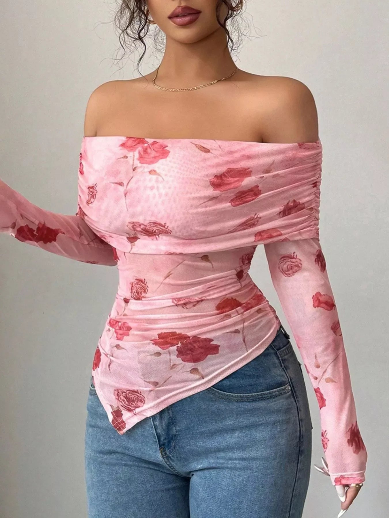 Floral Print Off-Shoulder Mesh Top