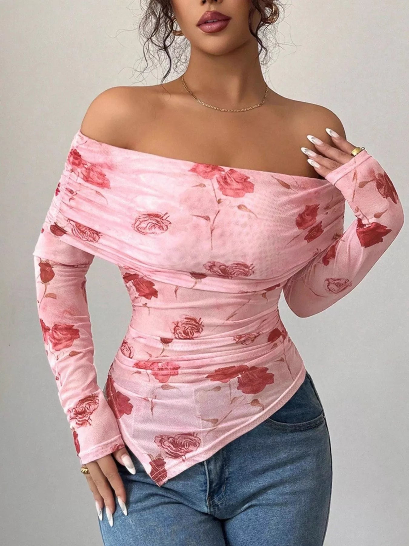 Floral Print Off-Shoulder Mesh Top Pink / S