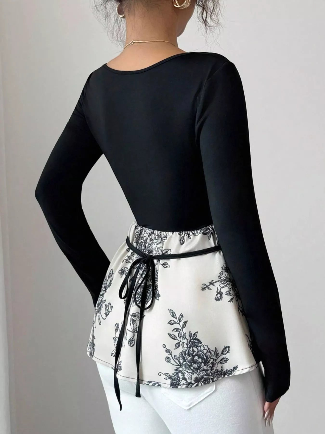 Floral Print Peplum Hem Long Sleeve Top