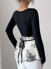 Floral Print Peplum Hem Long Sleeve Top