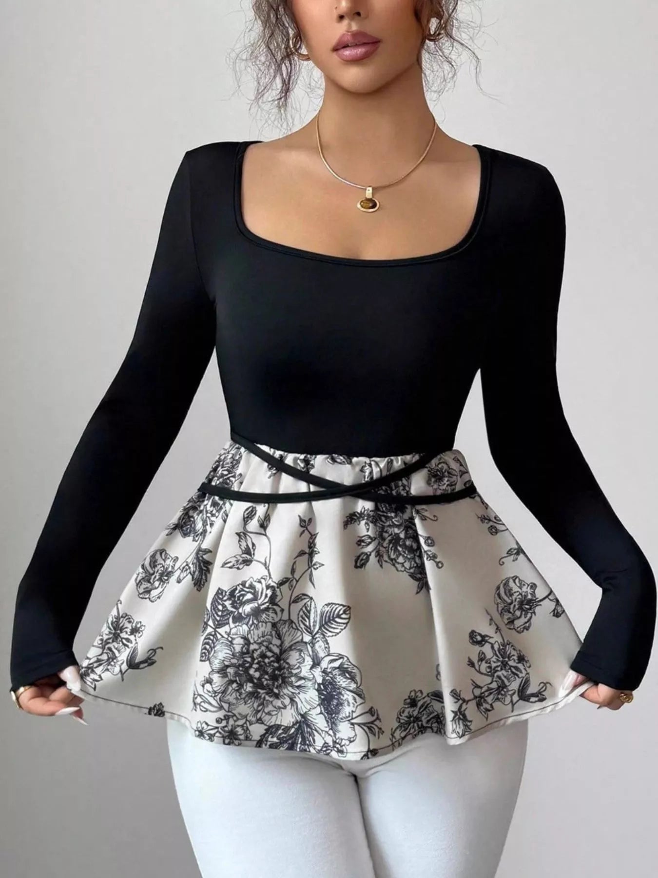 Floral Print Peplum Hem Long Sleeve Top
